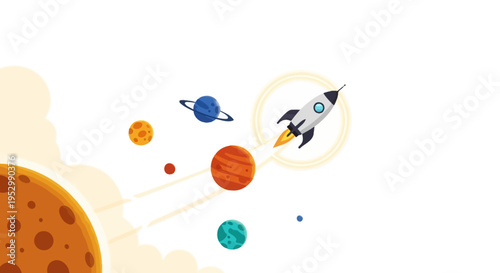 Rocket ship flies past planets in colorful outer space illustration
