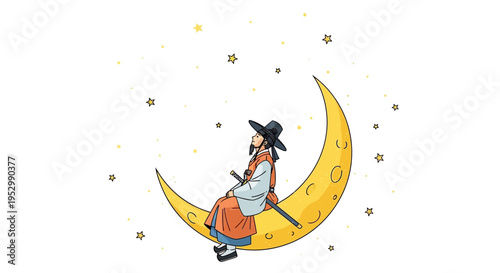 Korean Traditional Costume Woman Sitting on Crescent Moon with Stars