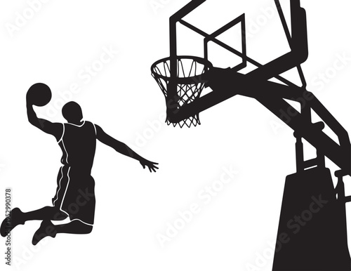 Silhouette of a basketball player dunking ball into hoop silhouette