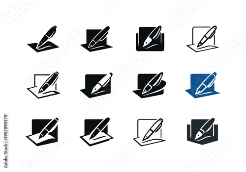 Writing with a stylish pen on paper. Icon set. Set Logo of Writing with a stylish pen on paper: pen on sheet. harmonious logo variations of the same emblematic