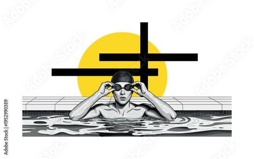 monochrome swimmer adjusting goggles at pool edge, overlapping oversized yellow circular backdrop and black abstract bars, fine structured lines suggesting