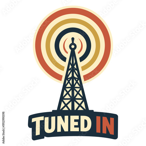 Vintage radio transmission tower with colorful concentric signal waves illustration perfect for podcasts streaming and broadcasting themes