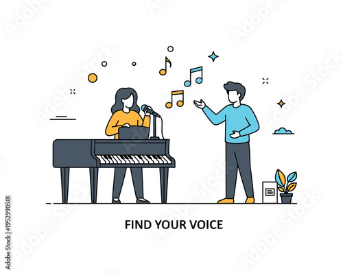 Vocal coaching session with a confident singer standing beside a piano while a coach gestures toward floating musical notes, expressing guidance and artistic