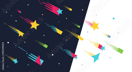 Colorful shooting stars on dark and light backgrounds, abstract space background