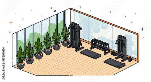 An isometric illustration of a modern gym interior featuring exercise equipment and decorative plants