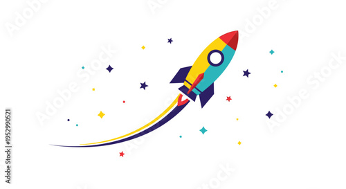 Colorful rocket ship blasting off into starry space, representing startup or innovation