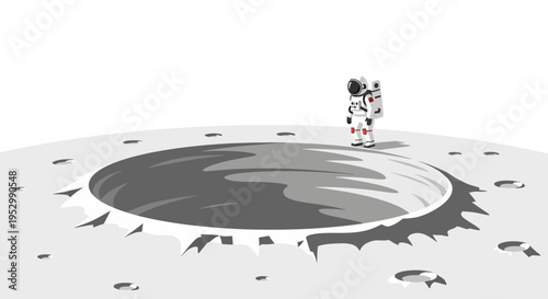 Astronaut standing on the Moon, looking into a large crater, space exploration concept
