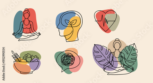 A collection of minimalist line art illustrations depicting wellness, meditation, and healthy living concepts in soft colors