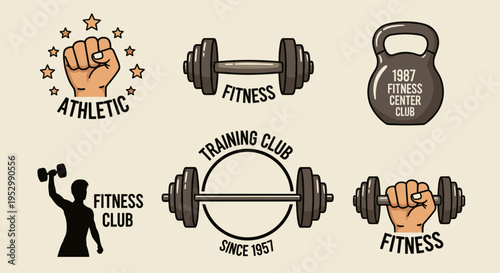 A collection of fitness-themed icons featuring weights, athletic symbols, and club emblems in a modern flat style