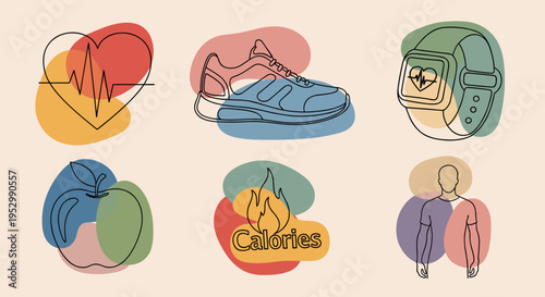 A collection of minimalist line drawings depicting health and fitness themes, including a heart, sneaker, and smartwatch