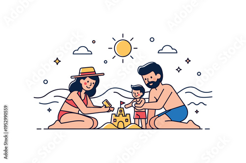 Family beach holiday fun showing two parents and a child building a small sandcastle with a bright sun and gentle wave line in the background, expressing joy,