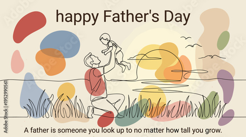 A heartwarming illustration celebrating Father's Day, featuring a father and child in a minimalist style with colorful abstract shapes