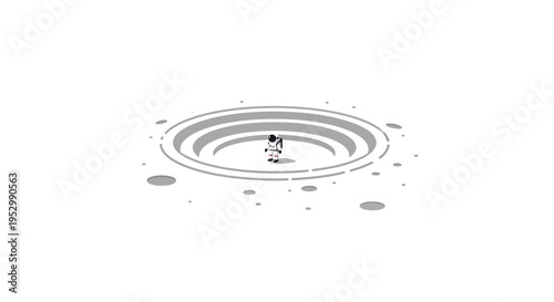 Astronaut Standing in Crater on Moon Surface, Minimalist Sci-Fi Illustration