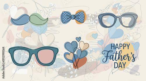 A cheerful Father's Day illustration featuring glasses, mustaches, and a bow tie in a whimsical style