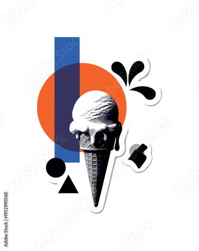 Black and white melting ice cream scoop sliding down the cone edge, oversized bold orange circle intersecting the upper portion, cobalt blue rectangular accent
