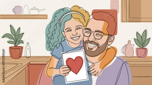 A joyful illustration of a father and daughter sharing a heart-shaped drawing in a cozy kitchen setting, featuring a modern flat style