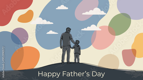 A heartwarming illustration of a father and child holding hands against a colorful abstract background, celebrating Father's Day
