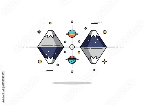 Symmetrical universe balance featuring two identical mountains inverted against each other around a central axis expressing harmony between different
