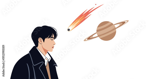 Young Man Gazes at Comet and Ringed Planet, Space Exploration Concept