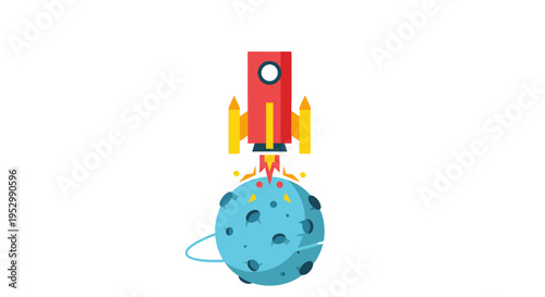 Red rocket launching from blue planet, space exploration, flat design