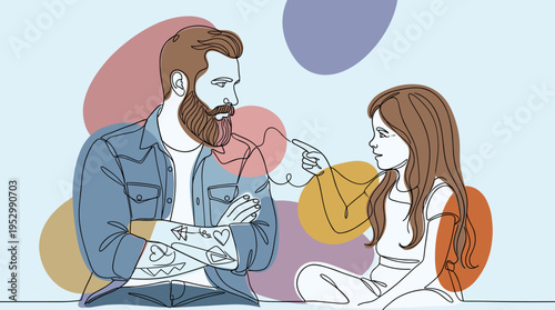 A minimalist illustration of a man and a girl sharing headphones, featuring a modern outline style with colorful abstract shapes