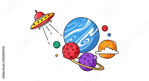 Cartoon UFO spaceship exploring colorful planets in outer space, illustration