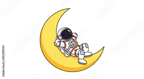 Astronaut relaxing on a crescent moon, space exploration, cosmic journey concept.