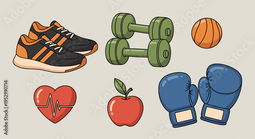 A collection of fitness-related icons including sneakers, dumbbells, a basketball, an apple, and boxing gloves in a colorful flat style