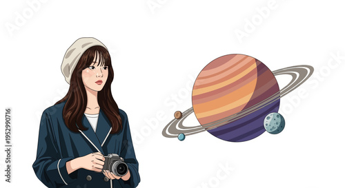 Young woman with camera looking at Saturn and planets, exploring space concept