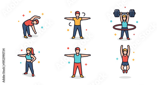 A colorful illustration featuring six fitness characters performing various exercises in a minimalistic style