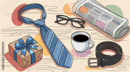 A stylish flat illustration featuring a tie, coffee cup, glasses, newspaper, belt, and gift box on a wooden surface