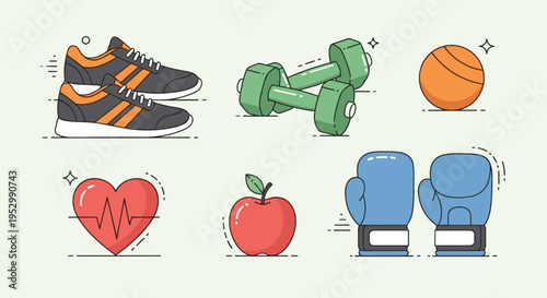 A collection of fitness-related icons including sneakers, dumbbells, a basketball, a heart, an apple, and boxing gloves in a flat style