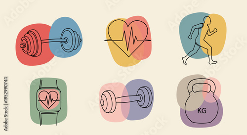 A collection of fitness-themed icons featuring weights, heart rate, and a runner, illustrated in a minimalist style