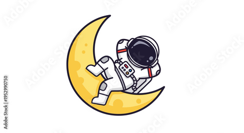 Astronaut Relaxing on Crescent Moon, Space Exploration, Cute Cartoon Style