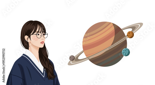 Curious Young Woman Looking at Saturn and its Moons, Space Exploration Concept