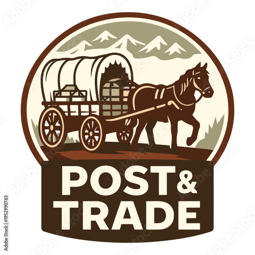 Vintage wagon and horse logo design depicting historical trade and transportation theme isolated on clear background