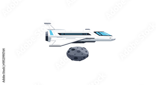 Futuristic Spaceship Flying Near Asteroid in Deep Space