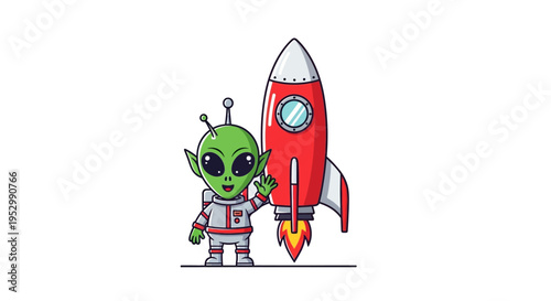 Cute Alien Waving Next to Rocket Ship, Space Travel Concept