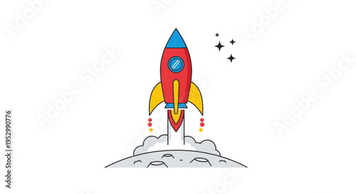 Cartoon Rocket Launching from Moon Surface with Stars