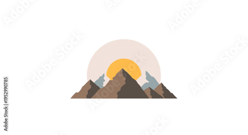 Minimalist mountain landscape with sun rising behind peaks, flat design