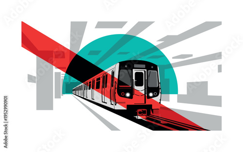 Black and white subway train front emerging forward, vivid teal half circle framing the top portion, bright red diagonal stripe slicing across composition,