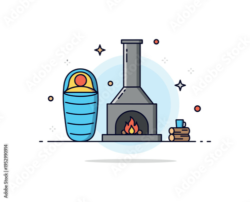 Evening mindfulness scene with a sleeping bag and fireplace arranged in a simple balanced composition suggesting slow living and intentional rest. Subtle glow