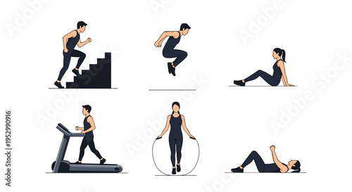 A collection of fitness illustrations featuring various exercises in a modern, flat style for health and wellness themes