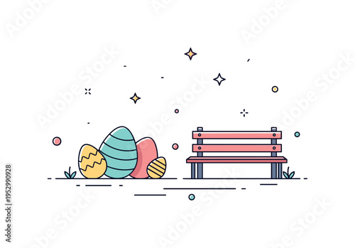 Pastel Easter eggs hidden near a small garden bench expressing relaxed spring afternoon and playful discovery. Balanced spacing keeps the eggs as subtle yet