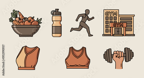 A collection of fitness and health icons featuring workout gear, nutrition, and gym elements in a modern flat style