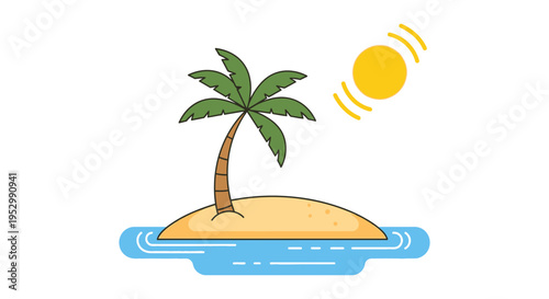 Tropical Island Paradise with Palm Tree and Bright Sun - Vector Illustration