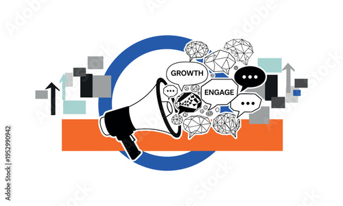 Black and white megaphone transforming into geometric speech bubbles, bold cobalt blue circle framing upper composition, bright orange horizontal bar cutting