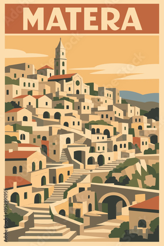 Vintage Matera Italy Travel Poster Retro Vector Illustration