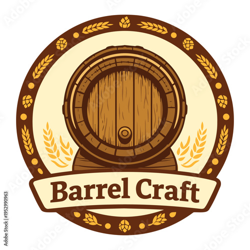 Vintage wooden barrel logo design with golden wheat and hops for craft brewery or beverage branding