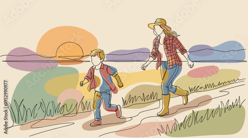 A mother and child walking along a scenic path during sunset, illustrated in a minimalist line art style